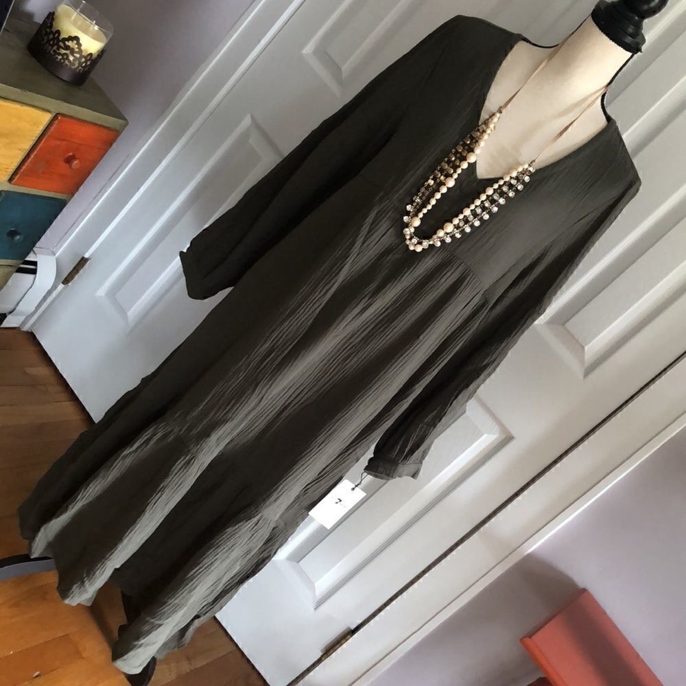 7 For All Mankind V-cut Midi Dress in Olive Green